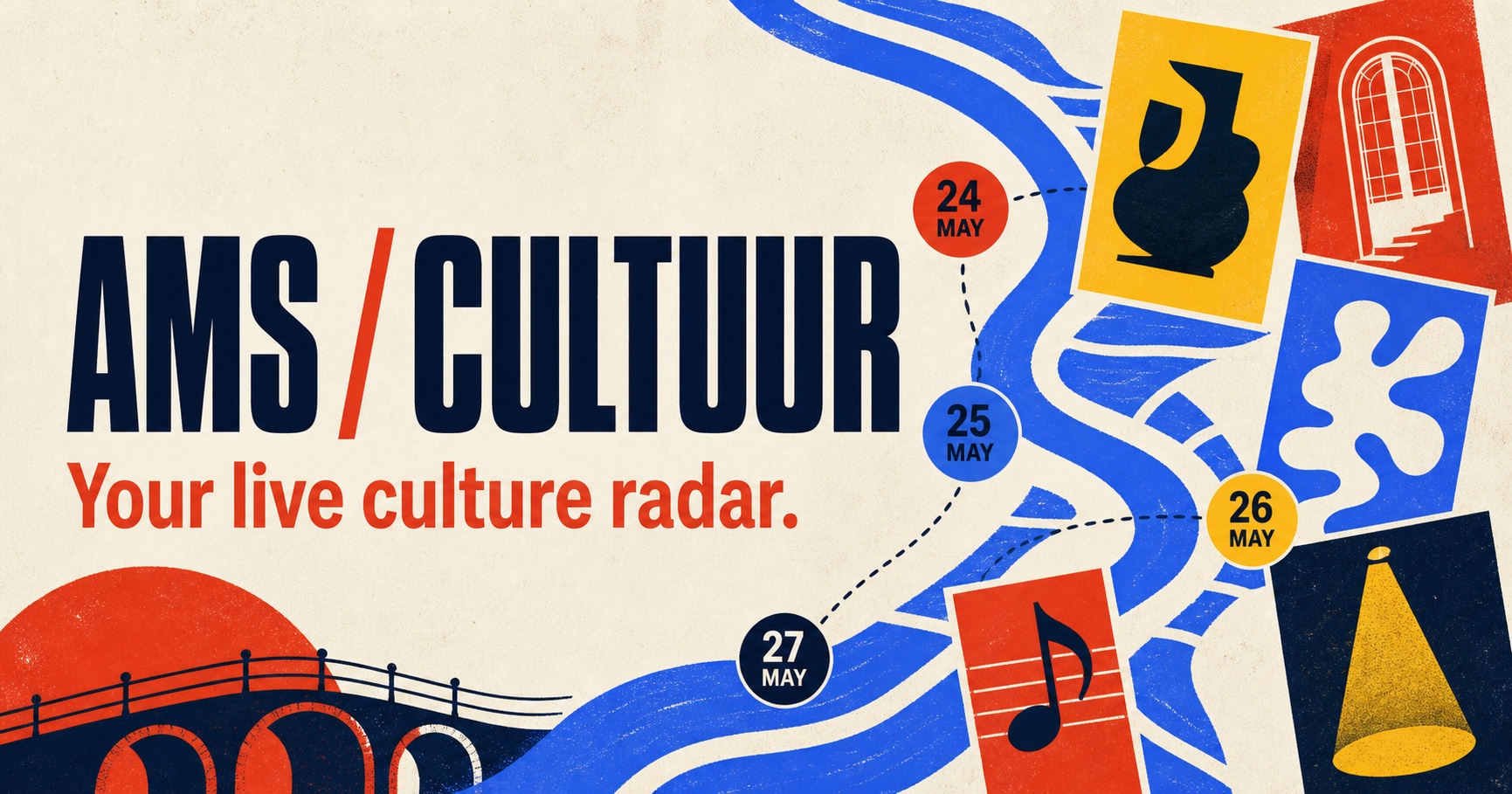 AMS Cultuur — your live culture radar, illustrated with Amsterdam bridges, waterways, art, music and theatre